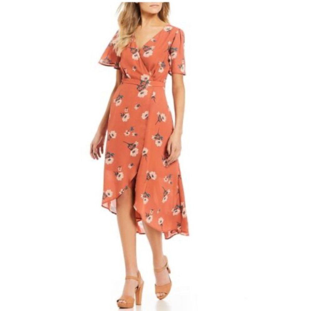 June & Hudson Floral Faux Wrap Lace-Up Back Dress Size M